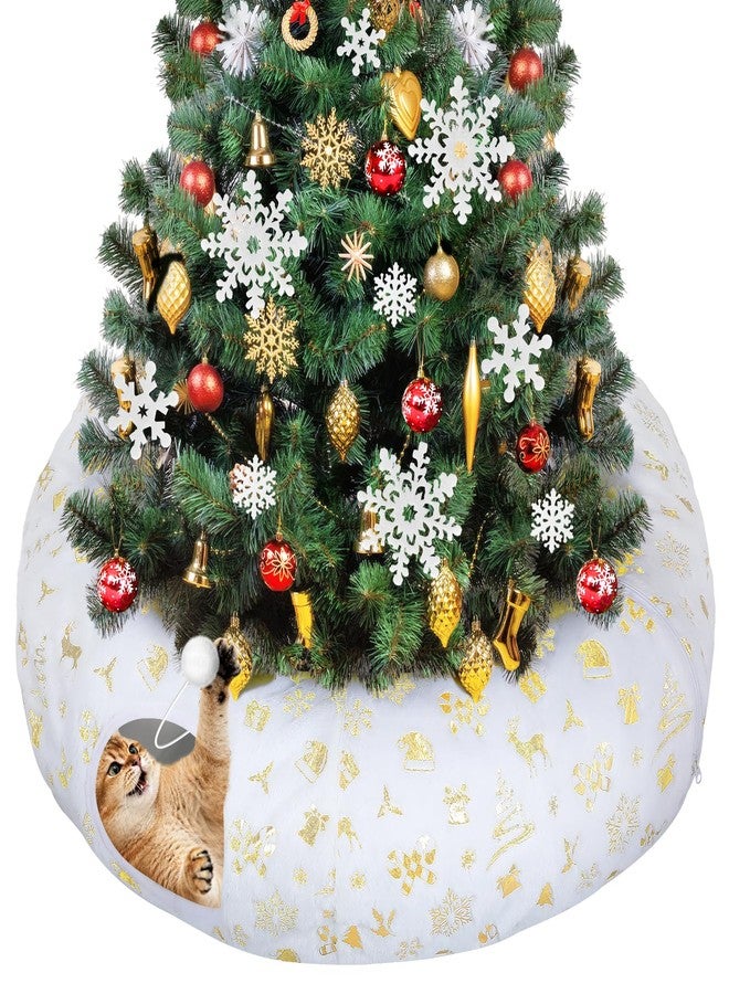 Beeplove Cat Tunnel Christmas Tree Skirt - White & Golden Cat Donut Bed, Christmas Tree Protector from Cats, Xmas Cat Gifts Accessories - Image 1